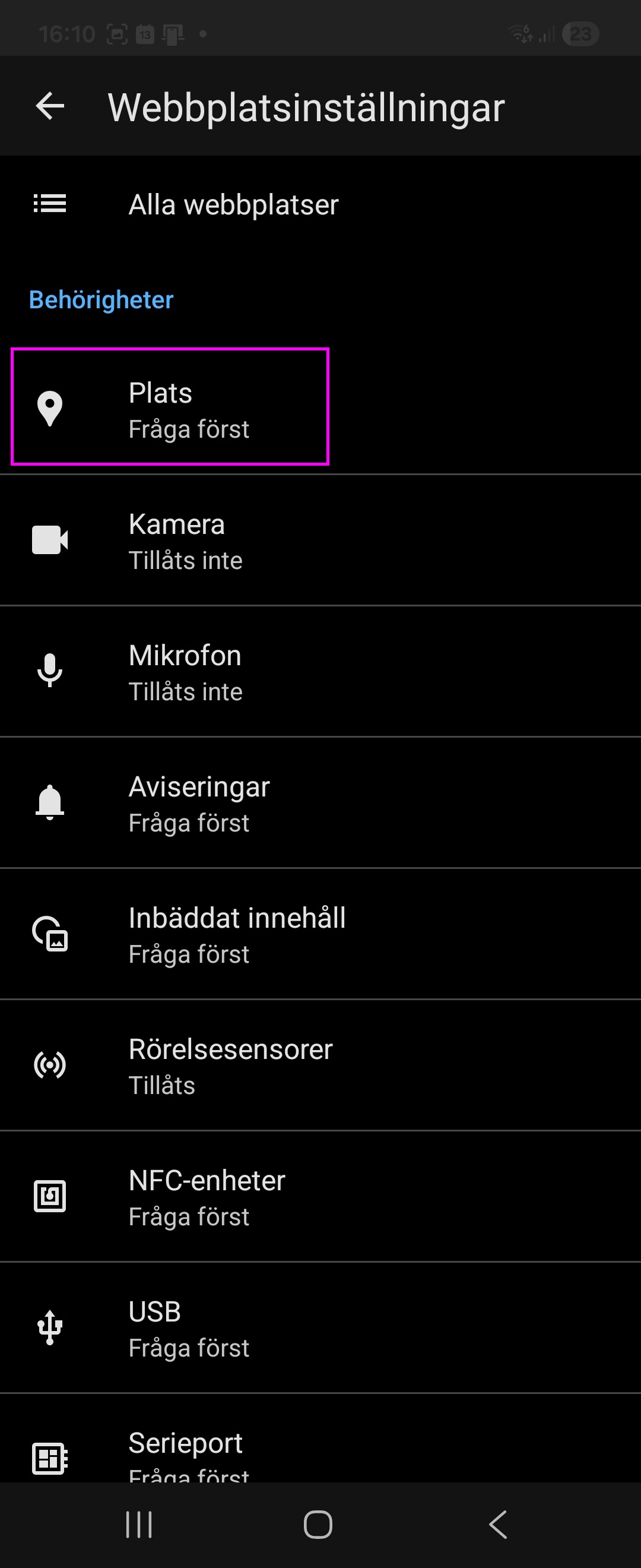 Inställningar för Plats