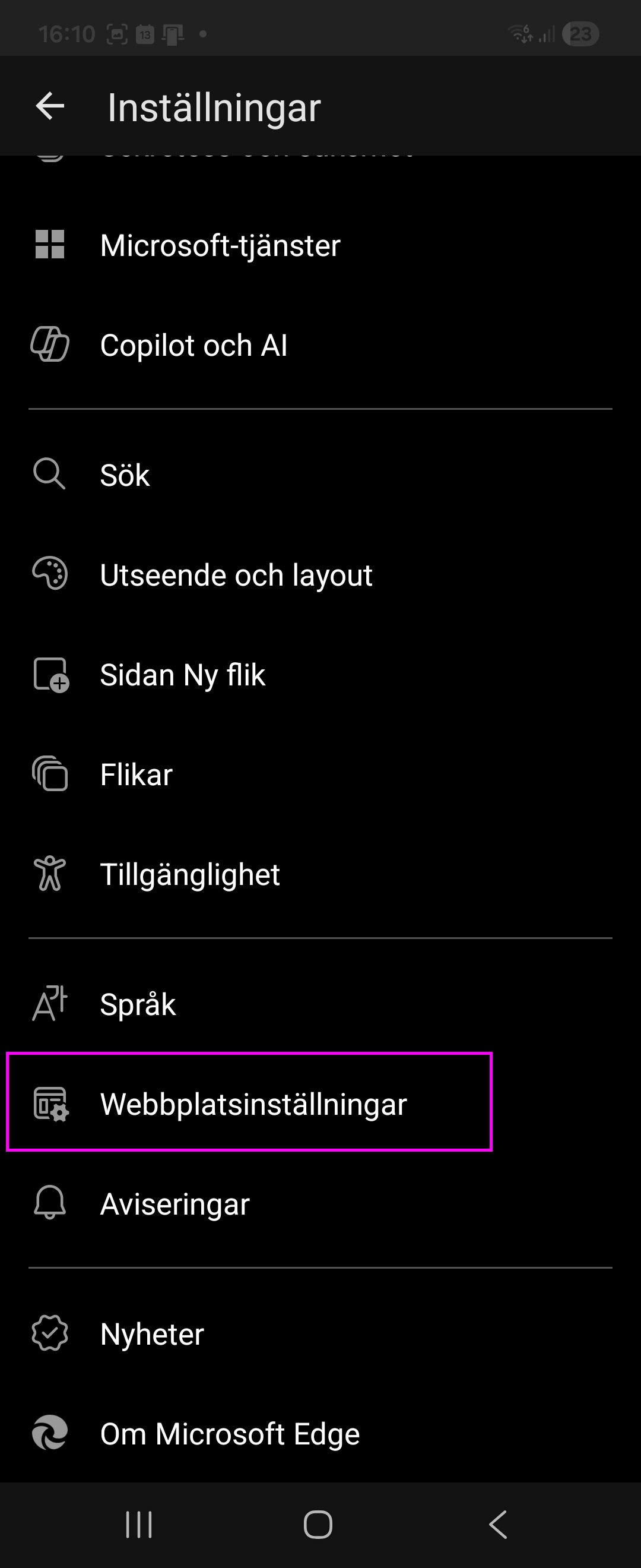 Öppna inställningar för websidor
