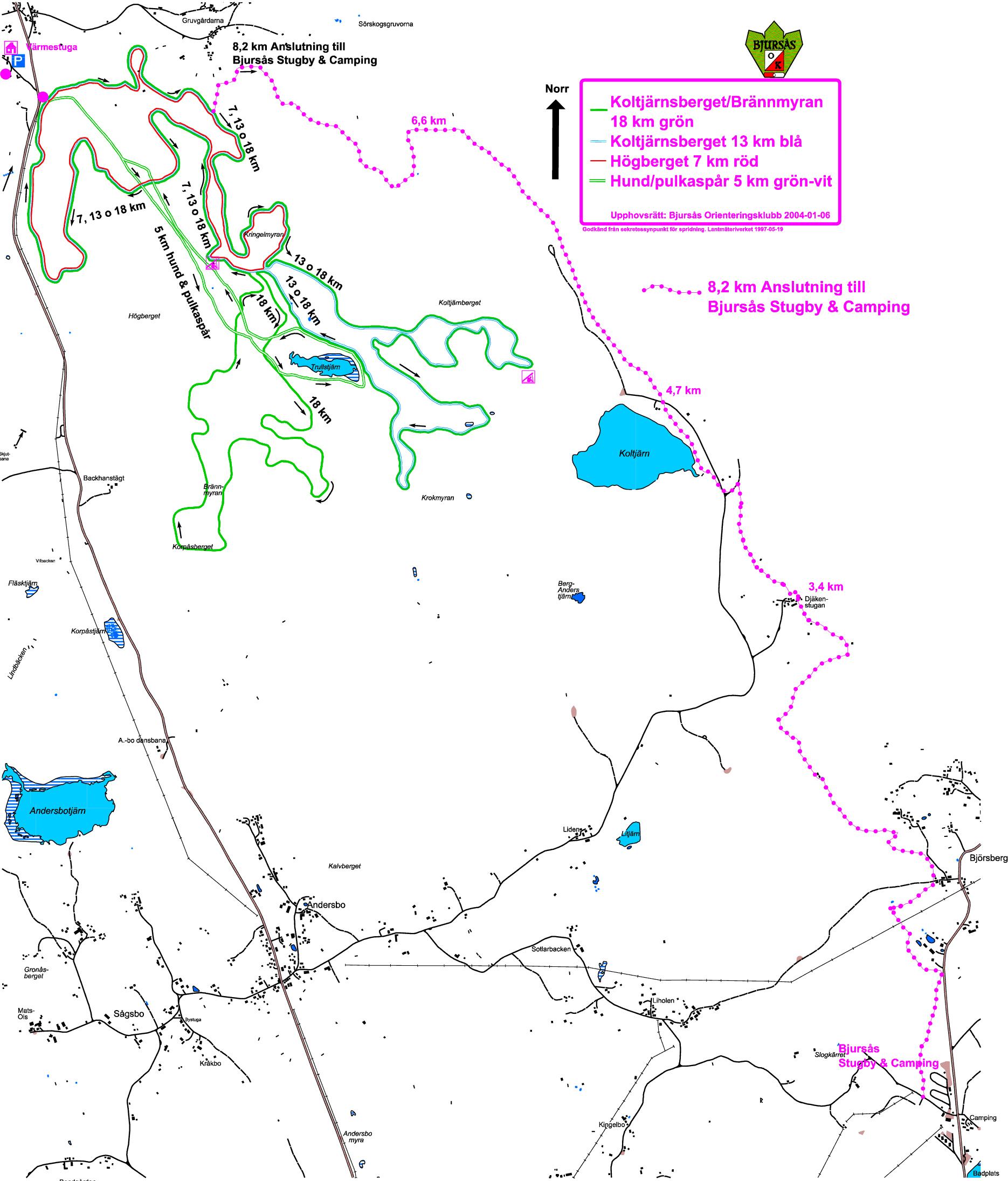 Spårkarta, Bjursås Stugby & Camping, anslutning till Sörskog, översikt